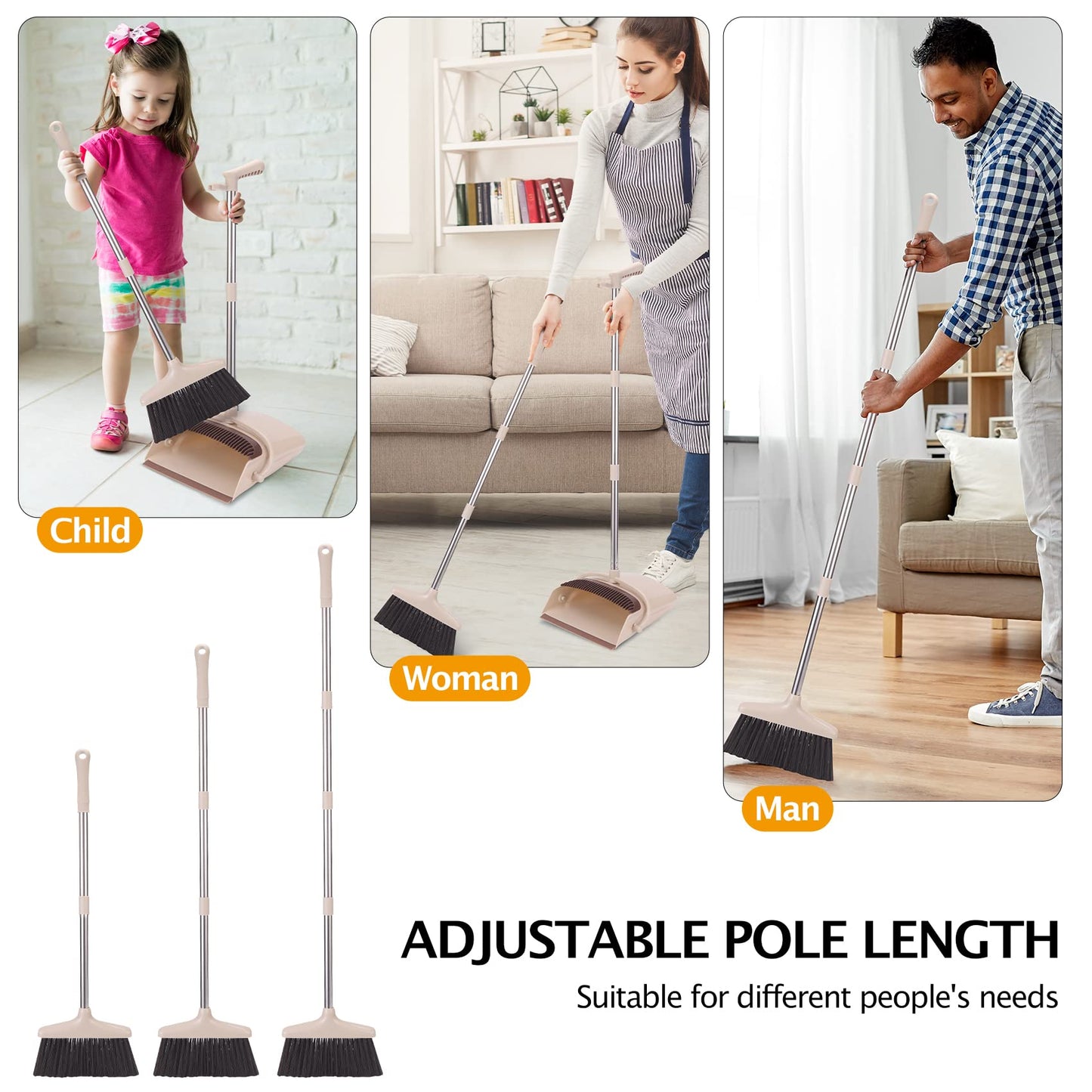 XXFLOWER Broom & Dustpan Set with Long Handle – Lightweight, Upright Stainless Steel Poles, Ideal for Home, Kitchen, Office & Pets
