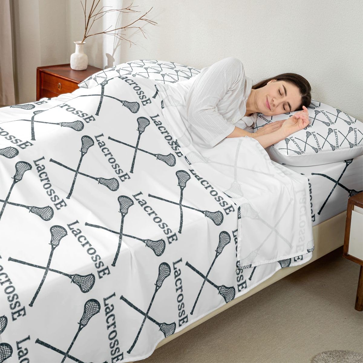 Erosebridal Modern Lacrosse Sheet Set, Twin Size, Black White, 3 Piece Set (1 Fitted Sheet, 1 Flat Sheet, 1 Pillowcase)