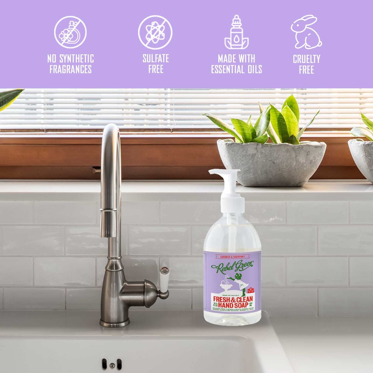 Rebel Green Liquid Hand Soap - Moisturizing Natural Bathroom & Kitchen Liquid Soap - Gentle Household Hand Wash (Lavender & Grapefruit, 16.90 Fl Oz