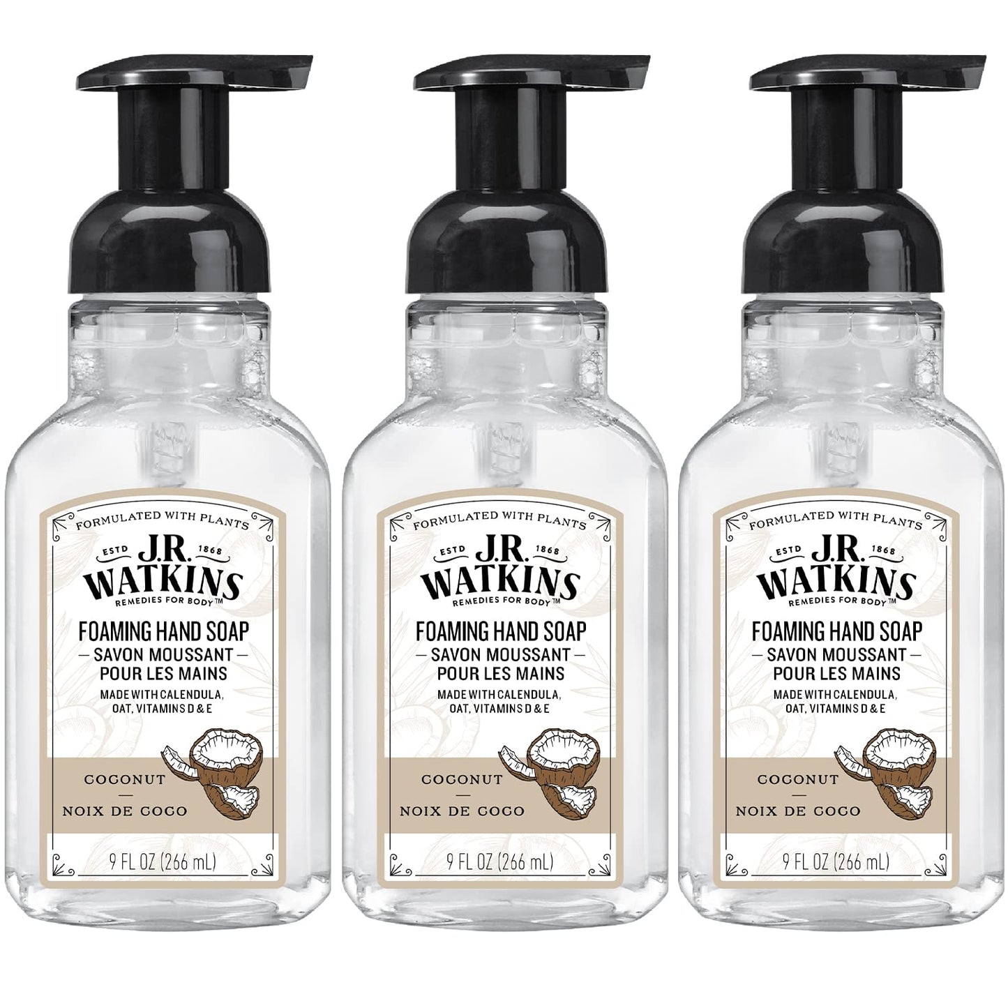 J.R. Watkins Foaming Hand Soap For Bathroom or Kitchen, Scented, Cruelty Free, 9 Fl Oz, Coconut, 3 Pack