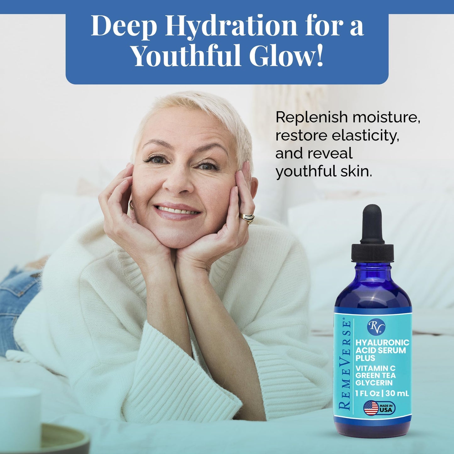 RemeVerse Hyaluronic Acid Serum with Vitamin C & Green Tea Extract - 100% Pure Formulation for Face, Lips & Décolleté - Intense Moisture for Dry Skin