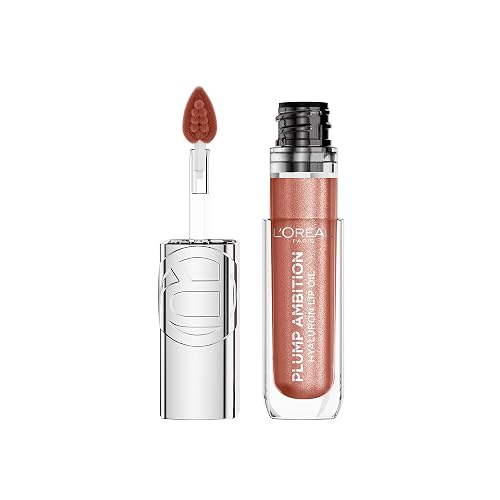 L'Oreal Paris Plump Ambition Hyaluron Lip Oil Shimmer, 24 HR Lip Gloss with Hyaluronic Acid, Volumizing Formula with Glass-Like Shine, Peach Lights,