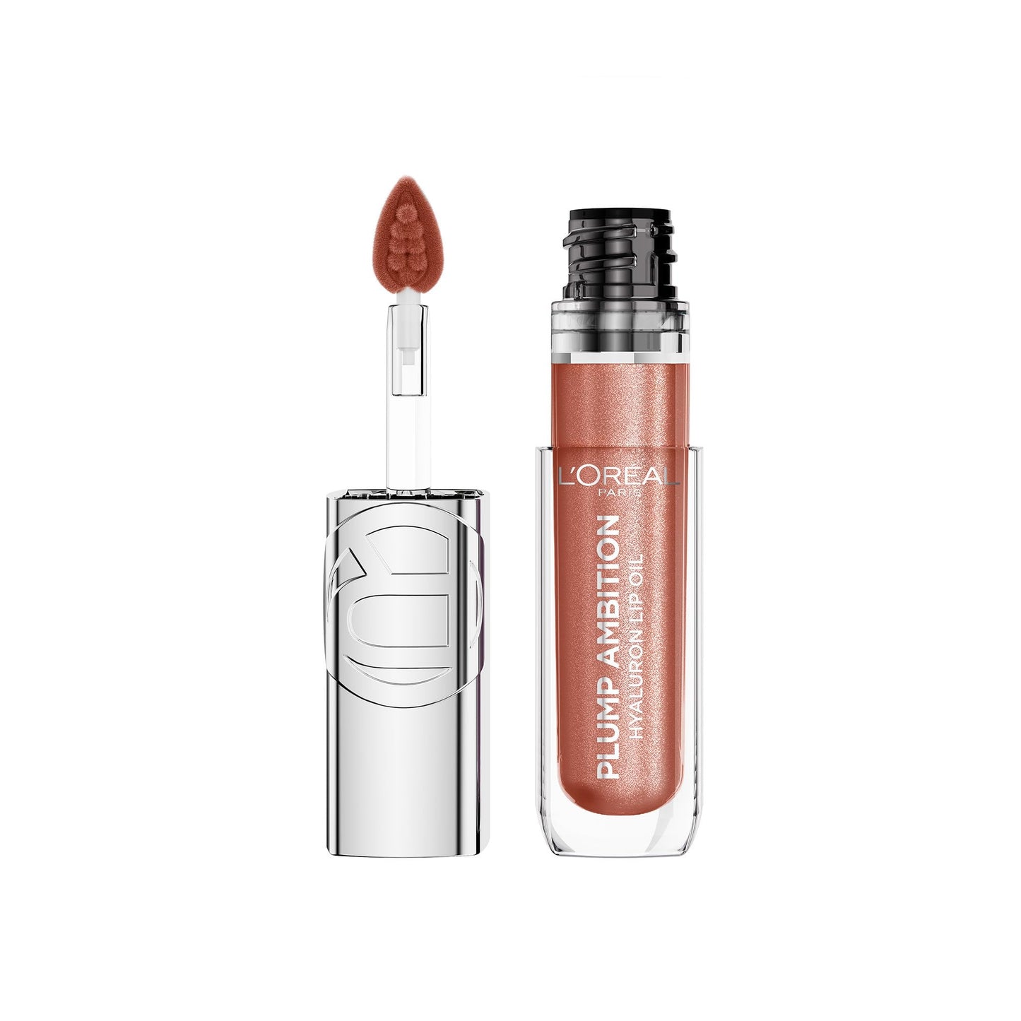 L'Oreal Paris Plump Ambition Hyaluron Lip Oil Shimmer, 24 HR Lip Gloss with Hyaluronic Acid, Volumizing Formula with Glass-Like Shine, Peach Lights,
