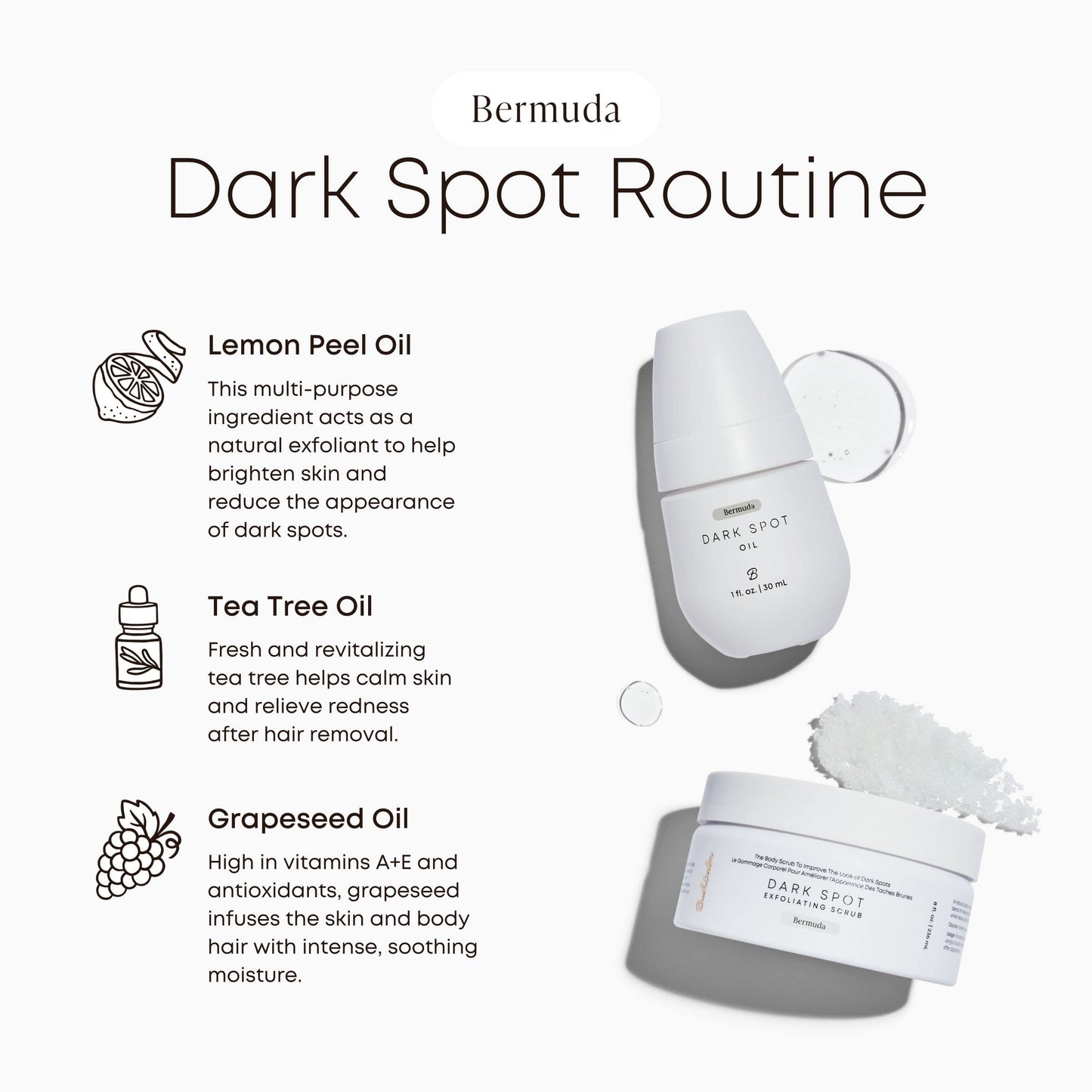 Bushbalm Dark Spots and Ingrown Hair 2 Step Routine - Rejuvenate and Nourish - Ingrown Hair Oil (30 ml) and Exfoliating Scrub (236 ml) - Bermuda