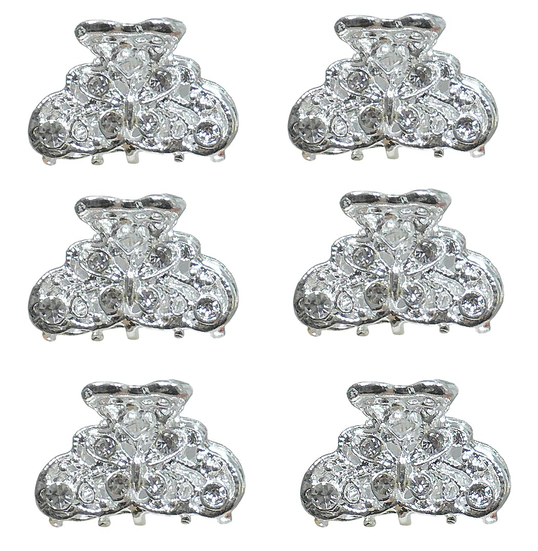 JCGY Set of 6 Mini Hair Claws Silvery White Trim Sparkly White Crystals Bridal Claw Clips 6-1-6