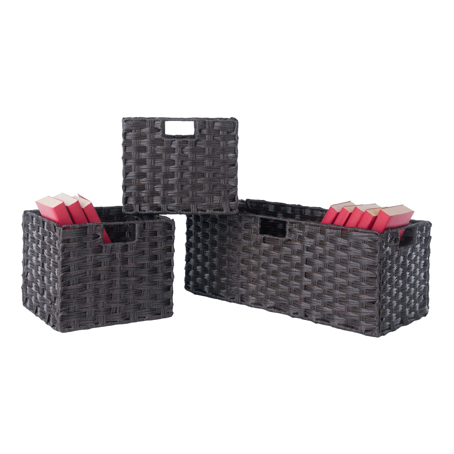 Winsome Leo 2-Tier Wide Storage Shelf with 3 Foldable Woven Baskets, for Living Room, Home Office, Bedroom, Espresso