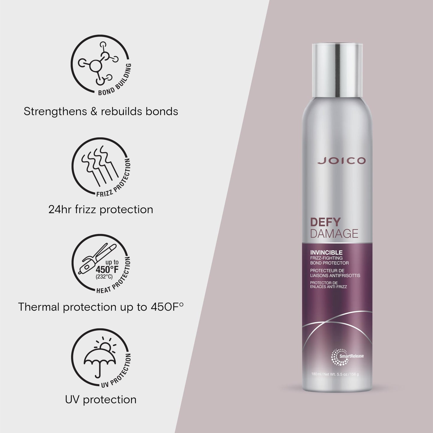 Joico Defy Damage Invincible Frizz-Fighting Bond Protector | 24 Hour Frizz Protection | Thermal Heat & Humidity Protection | Boost Shine | Reduce