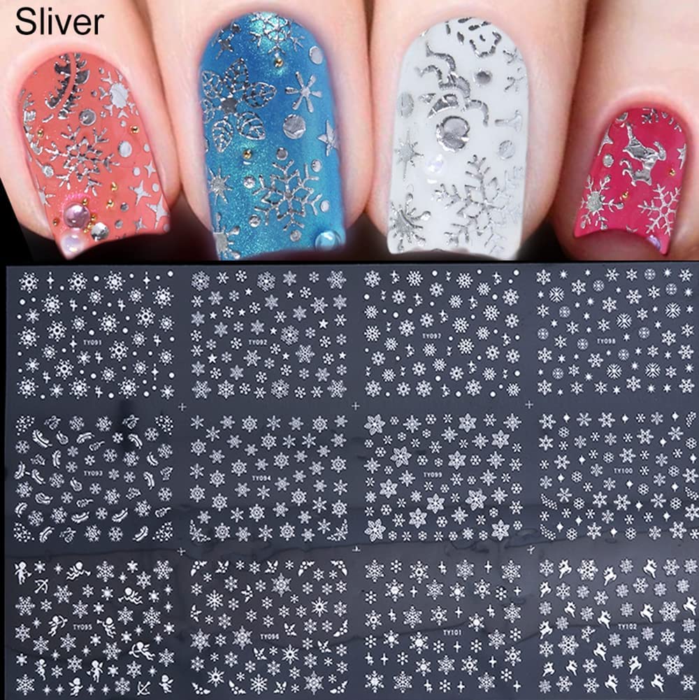 24 Sheets Snowflakes Nail Art Stickers Decals Christmas Nail Decals 3D Snowflake Self-Adhesive Nail Designs White and Sliver Winter Nail Art Supplies