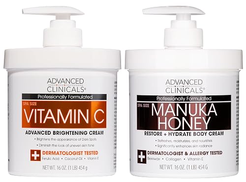 Advanced Clinicals Vitamin C Brightening Cream + Manuka Honey Body Lotion & Face Moisturizer 2pc Skincare Set For Women & Men | Body Butter Creams