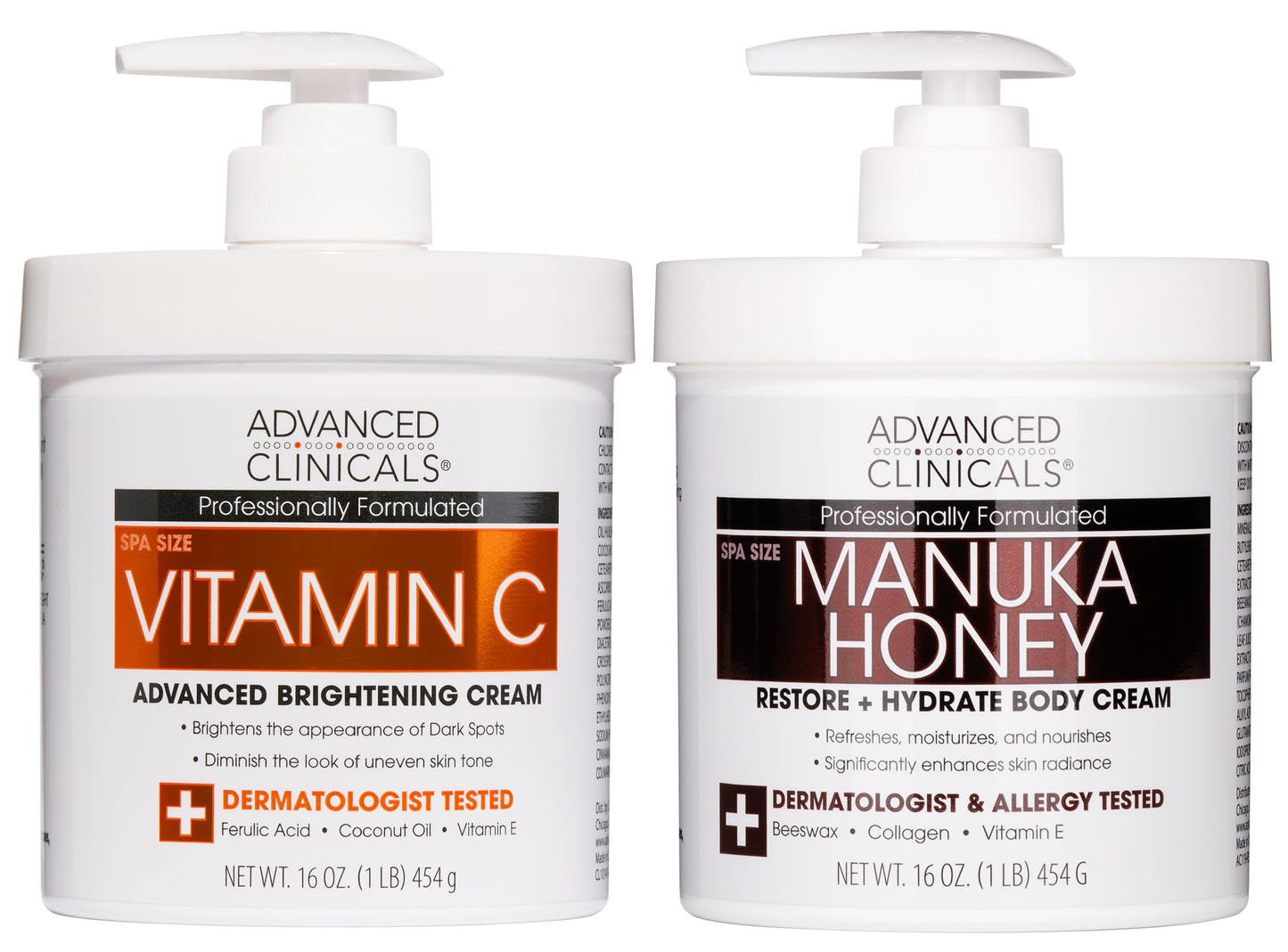 Advanced Clinicals Vitamin C Brightening Cream + Manuka Honey Body Lotion & Face Moisturizer 2pc Skincare Set For Women & Men | Body Butter Creams