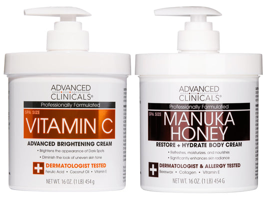 Advanced Clinicals Vitamin C Brightening Cream + Manuka Honey Body Lotion & Face Moisturizer 2pc Skincare Set For Women & Men | Body Butter Creams
