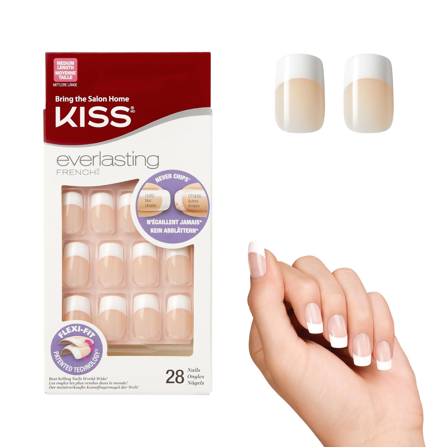 KISS Everlasting, Press-On Nails, Nail glue included, 'Infinite', French, Medium Size, Squoval Shape, Includes 28 Nails, 2g Glue, 1 Manicure Stick, 1
