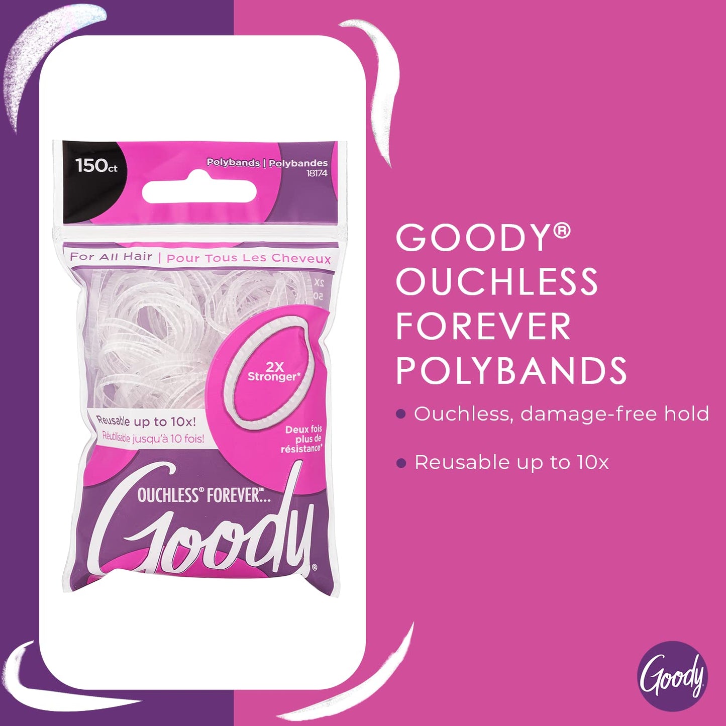 Goody Ouchless Forever Polyband Hair Ties, 150 Ct, Clear, Elastic Bands, Easy Glide, Ultra-Strong Hold Styling Accessories for Women & Men, Secure Beauty and Personal Care GOODY