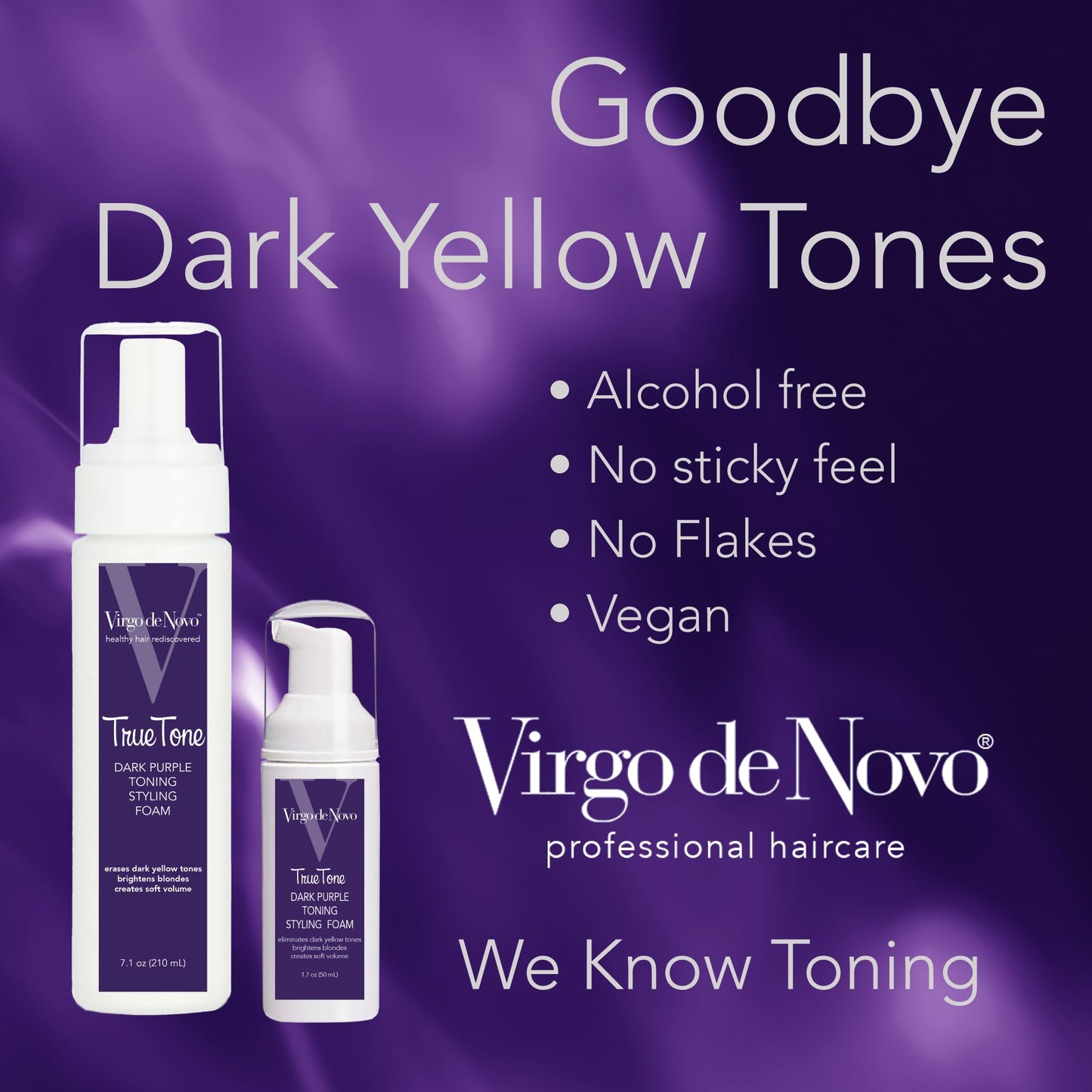 Virgo de Novo Dark Purple Toning & Styling Foam - Brightens Blondes - Brondes - Removes Dark Yellow & Brassy Tones on Balayaged, Bleached, or