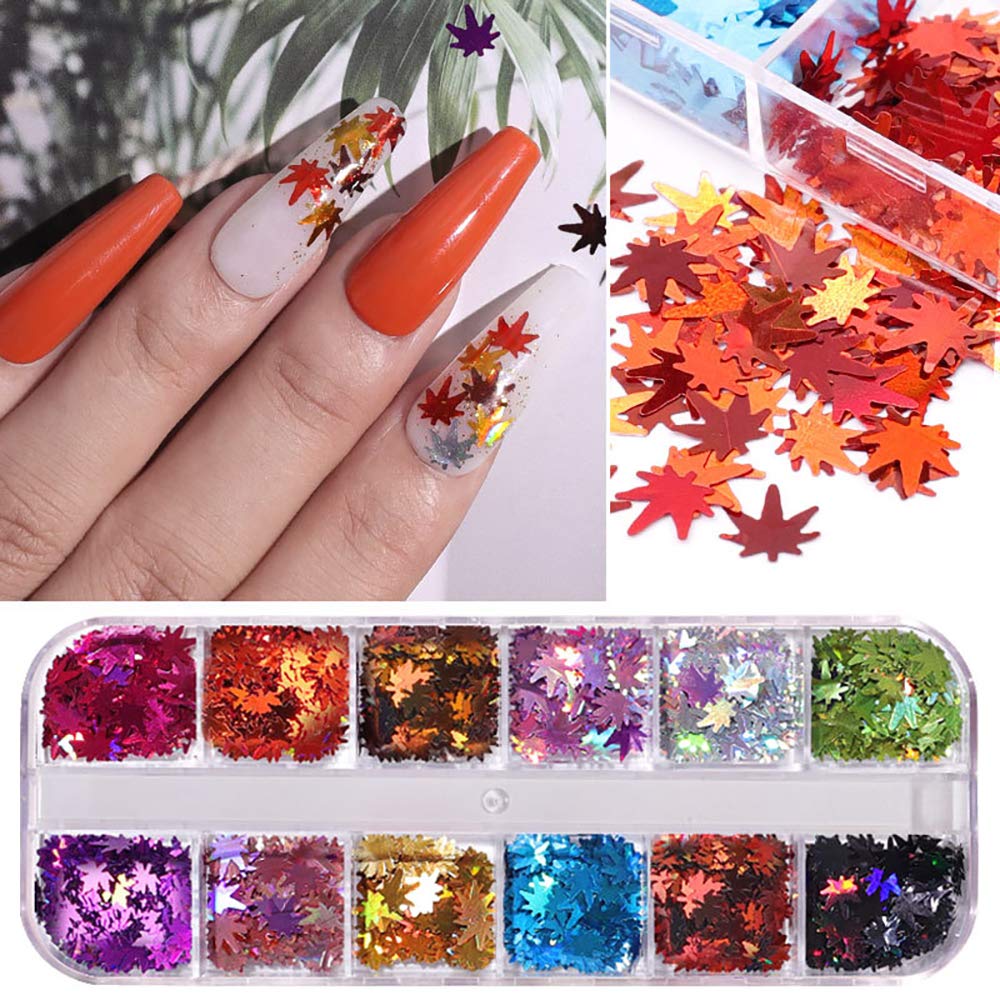 12 Colors Fall Leaf Glitter Nail Sequins - 3D Maple Leaf Holographic Nail Art Flakes Colorful Confetti Glitter Sticker Decals Manicure Nail Art Design