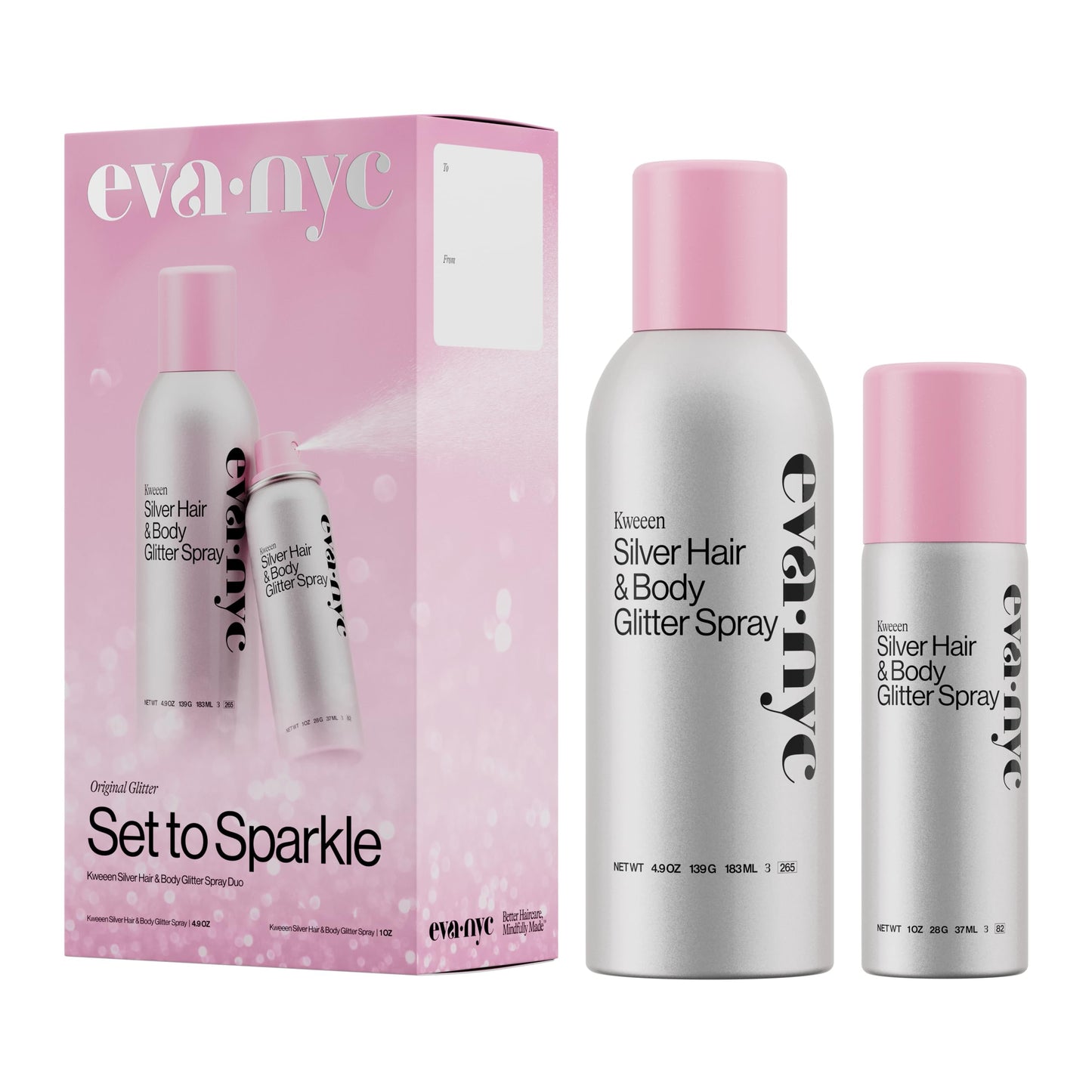 Eva NYC Kweeen Silver Hair and Body Glitter Spray Set - Original Ultra Shimmery Glitter, New Look - Adds Shine + Non-Sticky - Quick Drying Spray