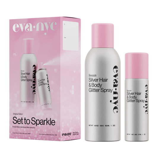 Eva NYC Kweeen Silver Hair and Body Glitter Spray Set - Original Ultra Shimmery Glitter, New Look - Adds Shine + Non-Sticky - Quick Drying Spray