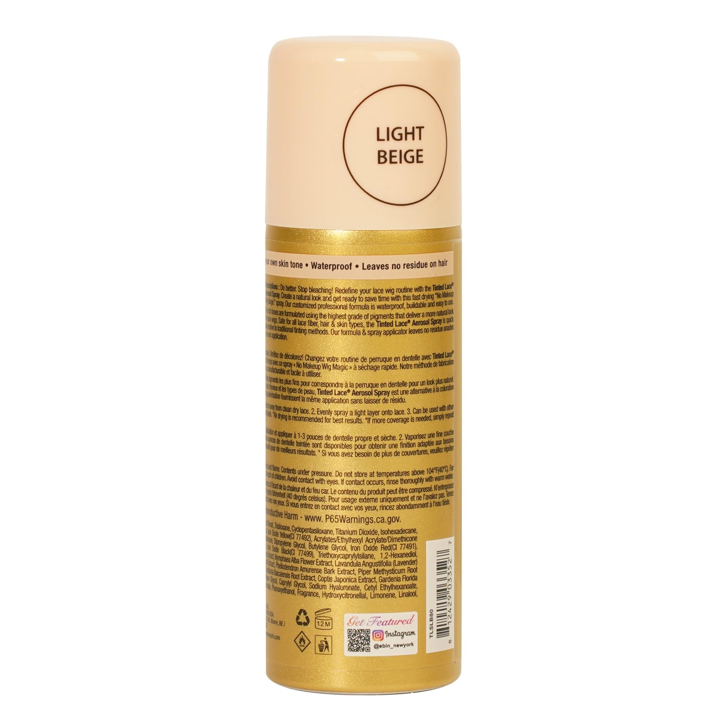 EBIN NEW YORK Tinted Lace Aerosol Spray - Light Beige 2.7 Oz/ 80 mL, Quick dry, Water Resistant, No Residue, Water Resistant, Even Spray
