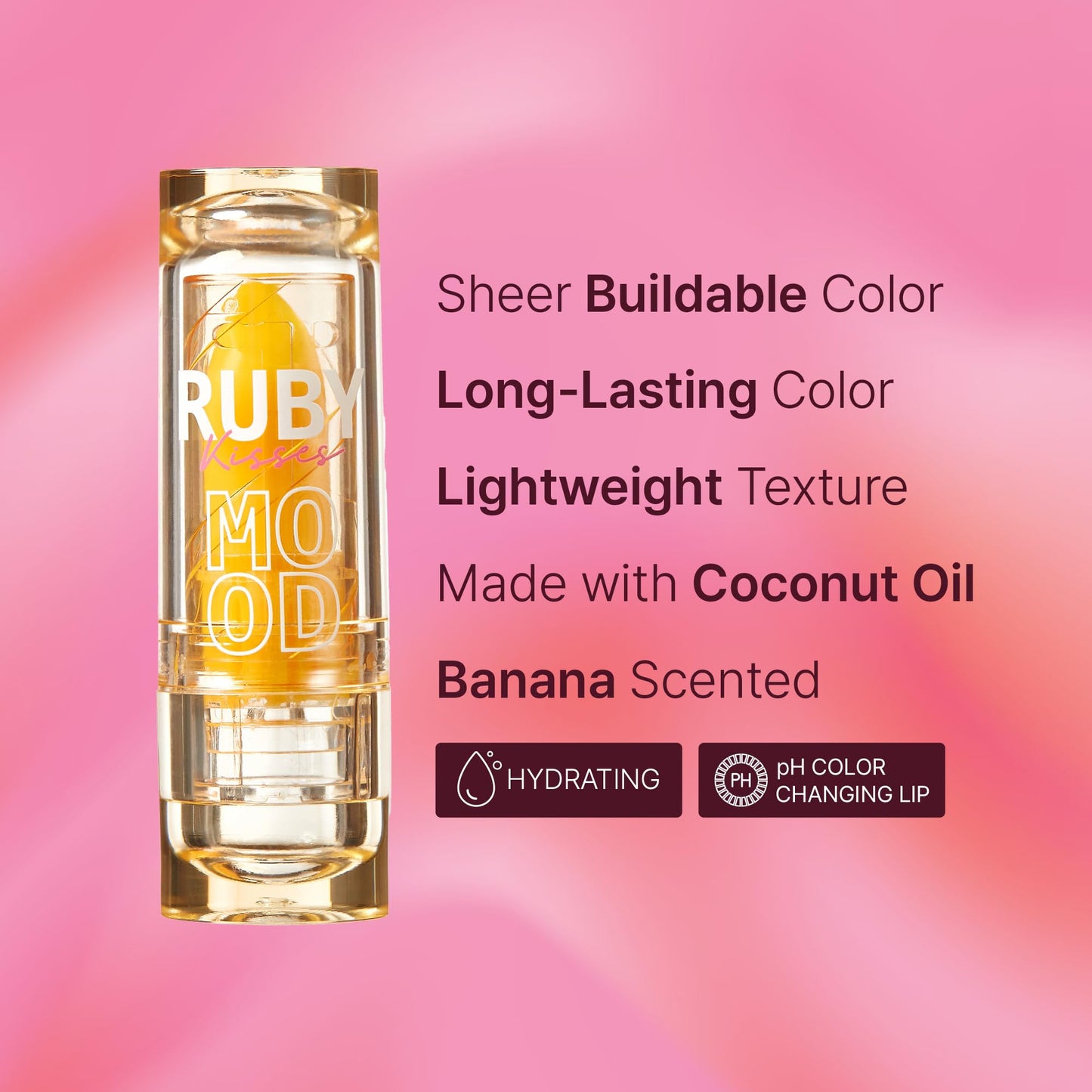 Ruby Kisses Staining Mood Lipstick, pH Color Changing Lip Balm Tint, Lightweight Hydrating Formula with Coconut Oil, Temperature-Reactive Long Lasting Satin Finish Color, Banana Scented