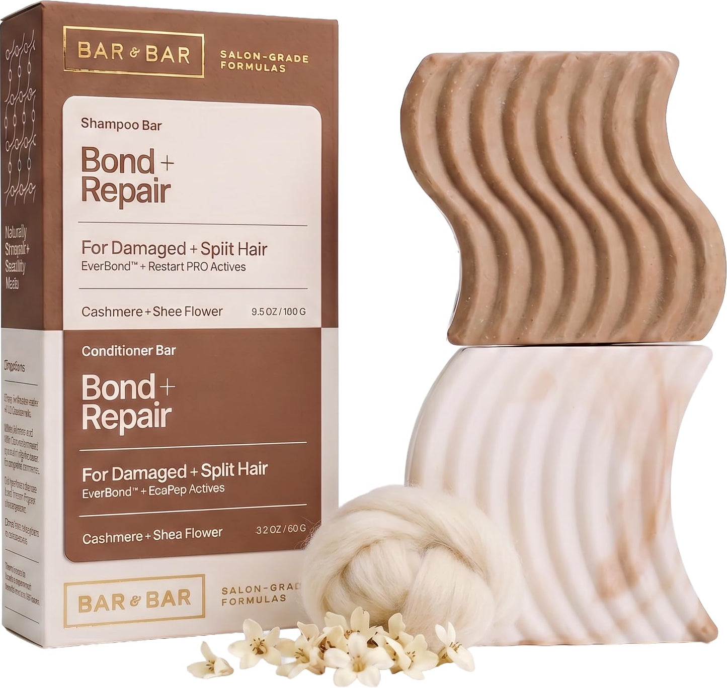 Bar and Bar Shampoo and Conditioner Bar Set - Bond + Repair - Strengthening Solid Hair Care Duo - Damaged Hair - Breakage Repair - Cashmere & Shea
