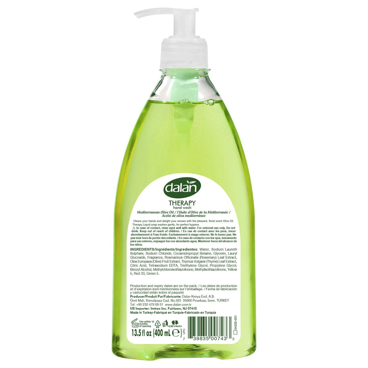 Dalan Therapy Mediterranean Olive Oil Ultra Moisturizing Liquid Hand Soap for Normal and Dry Hands Fresh Clean and Soft Feeling (13.5 Fl Oz / 400 mL
