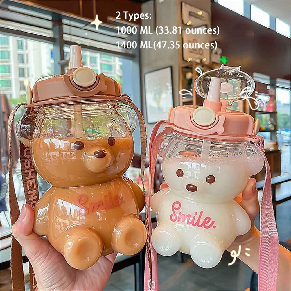 Kawaii Bear Straw Bottle, Large Kawaii Bear Shaped Water Bottle with Straw and Carrying Loop Adjustable Shoulder Strap, Cute Portable Water Bottles