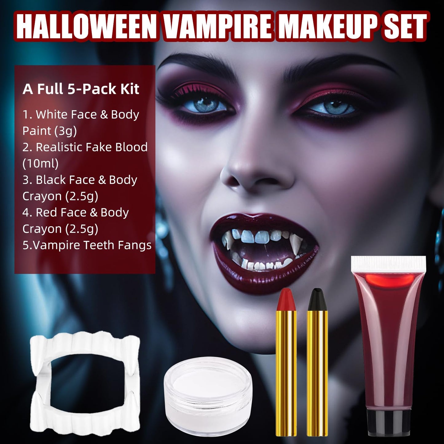 Halloween Vampire Makeup Kit, SFX Makeup Set with White Face & Body Paint, Fake Blood, Face Paint Crayons & Fake Teeth for Vampire, Zombie, Clown