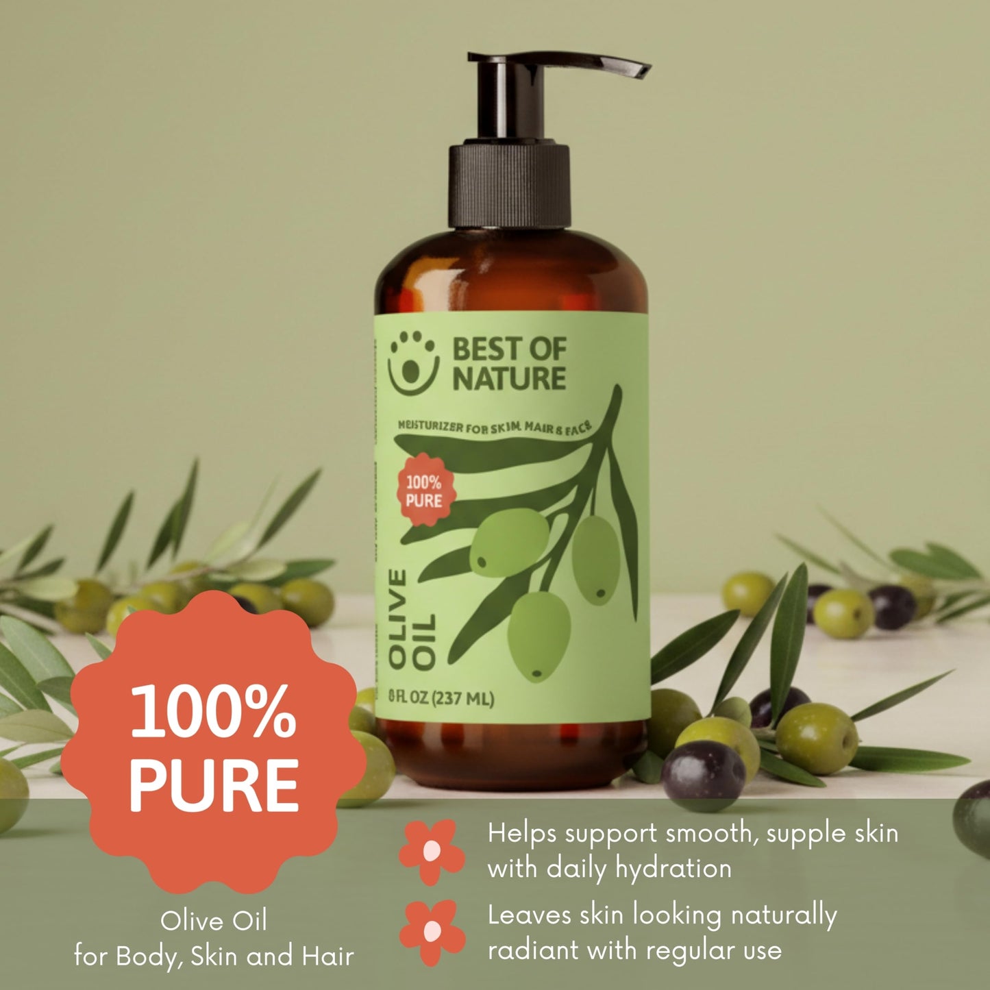 Best of Nature 100% Pure Olive Massage & Body Oil - Cold Pressed, Unscented Moisturizer for Skin & Hair, Bath Oil, Half Gallon (64 fl oz)