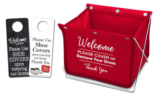 Mediz Foldable Shoe Cover Holder (Red) with Bonus: 1 Door Hanger Double Sided - Please Use Shoe Covers