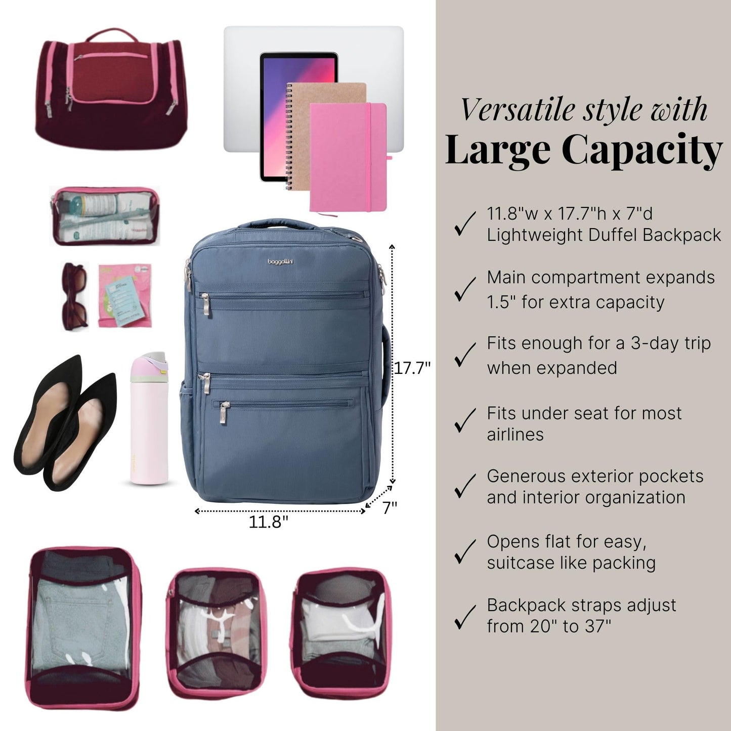 Baggallini Modern Convertible Travel Backpack - Lightweight 11.8"x17.7"x 8.5" Duffel Weekender w/Laptop Pocket