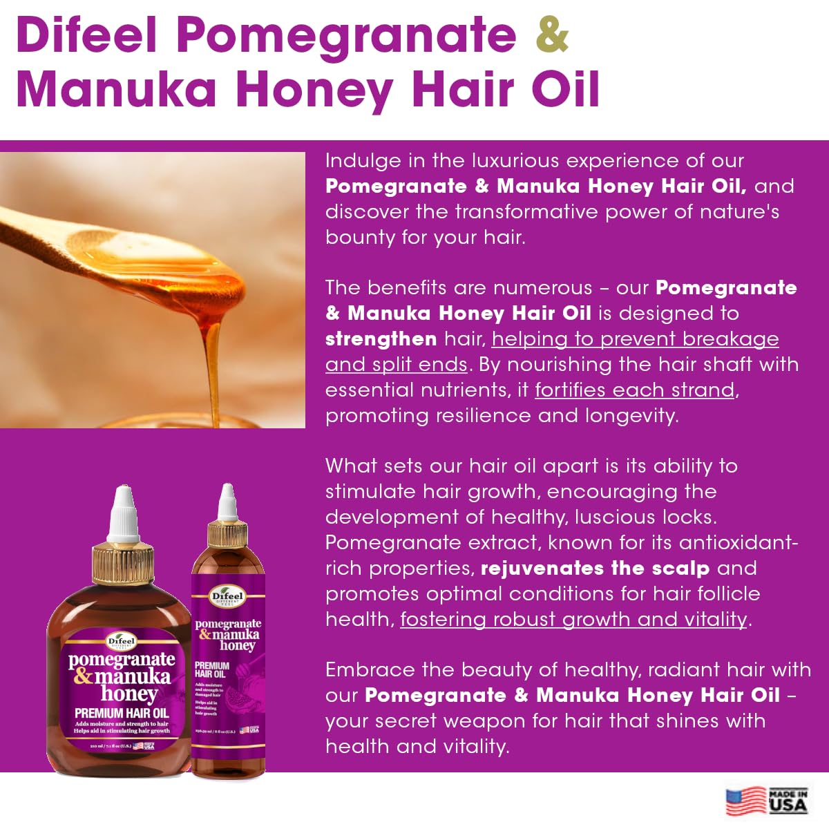 Difeel Elevated Pomegranate & Manuka Honey Premium Hair Oil 12 oz. - Growth Stimulating, Moisturizing & Strengthening Hair Oil for Dry, Damaged Hair