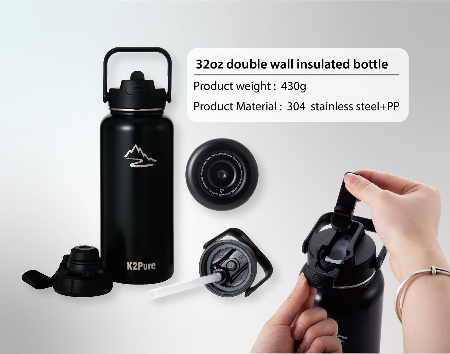 K2Pure Double Wall Stainless Steel Water Bottle 32oz - Durable Design & Strap for Easy Carrying, Stay Hydrated, Perfect for gym sessions, hikes