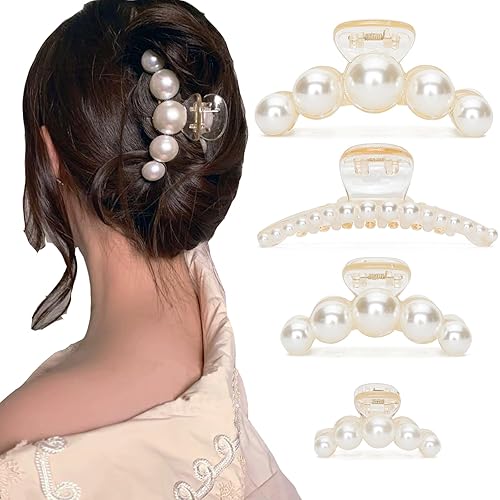 Hair Clips for Women, Large Pearl Hair Claw Clip Set Strong Hold No Slip, Banana Jaw Clip Barrettes, Hair Accessories Birthday Wedding Valentine's Day