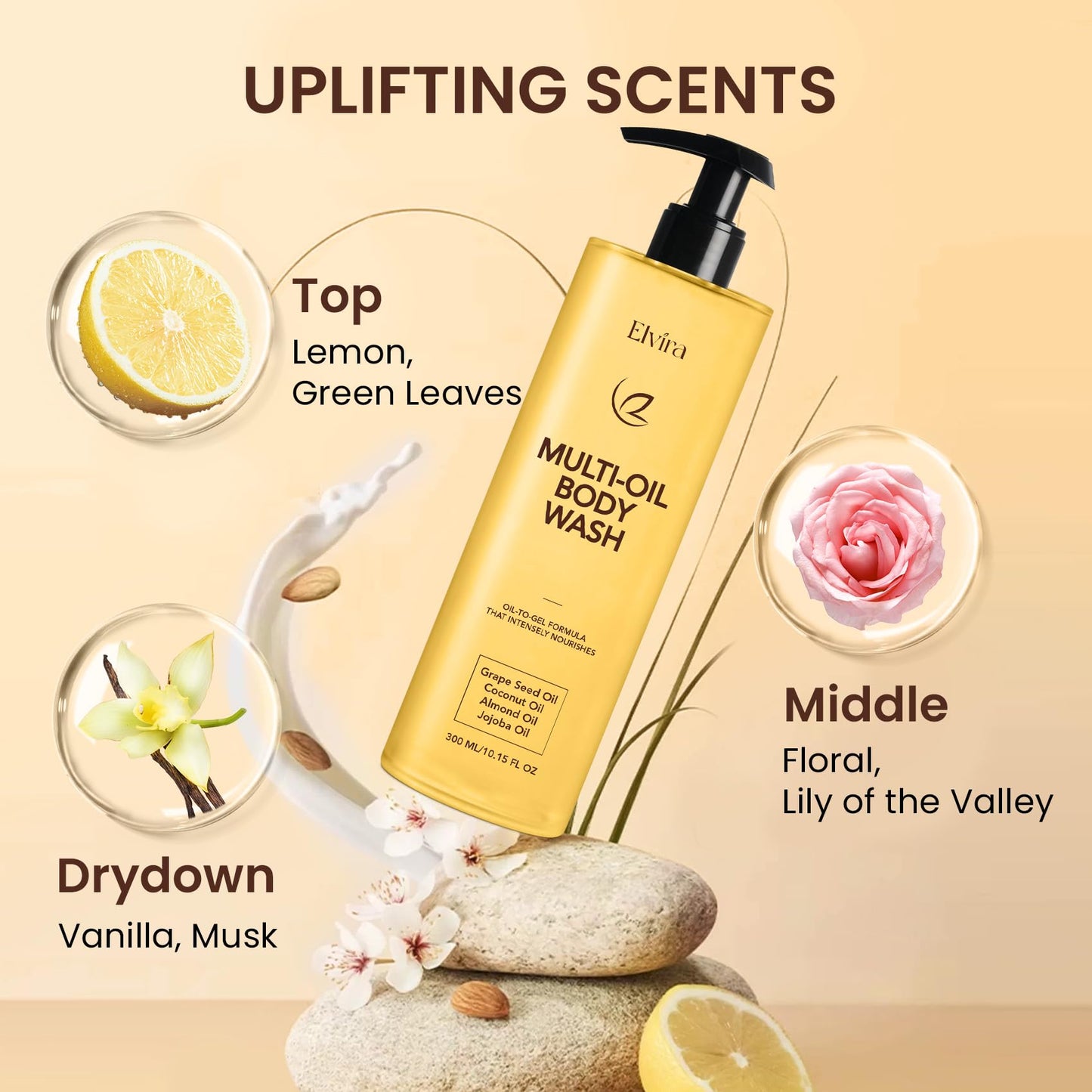 Elvira Multi-Oil Cleansing & Hydrating Shower Oil, Body Wash for Women, Oil-to-Milky Lather, Moisturized and Softer Skin, Cleanse Without Drying, For All Skin Types, 10.15 fl oz