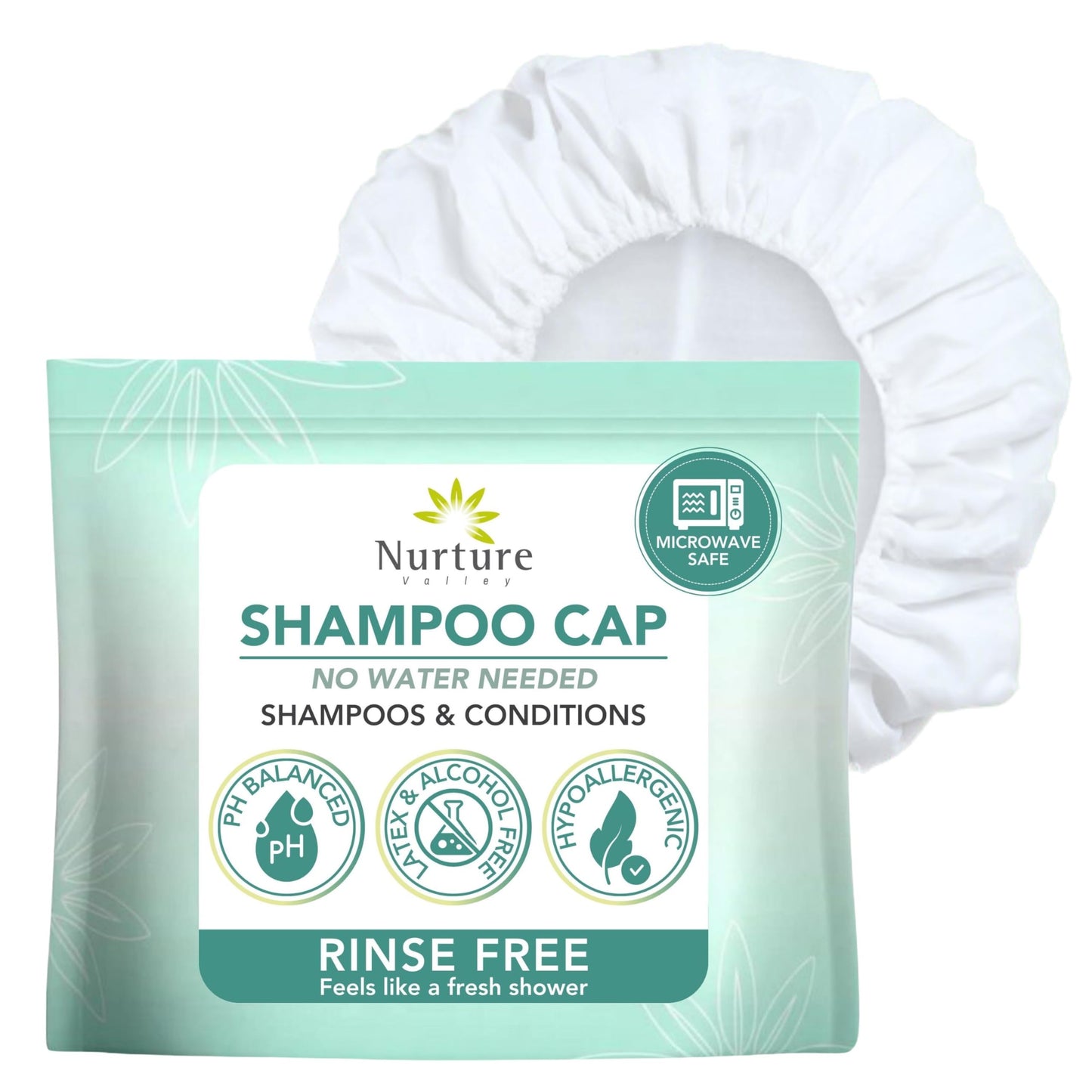 No Water Rinse Free Shampoo Cap by Nurture | Microwavable Hair Washing & Conditioning Shower Caps | Waterless Bathing | Disposable & Hypoallergenic