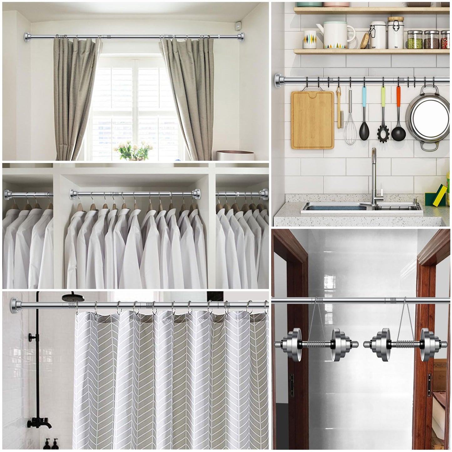 Ausemku Shower Curtain Rod, 26-76 Inch Adjustable Stainless Steel Tension Rod, Rustproof & Non-Slip, No-Drill for Bathroom & Kitchen, Silver