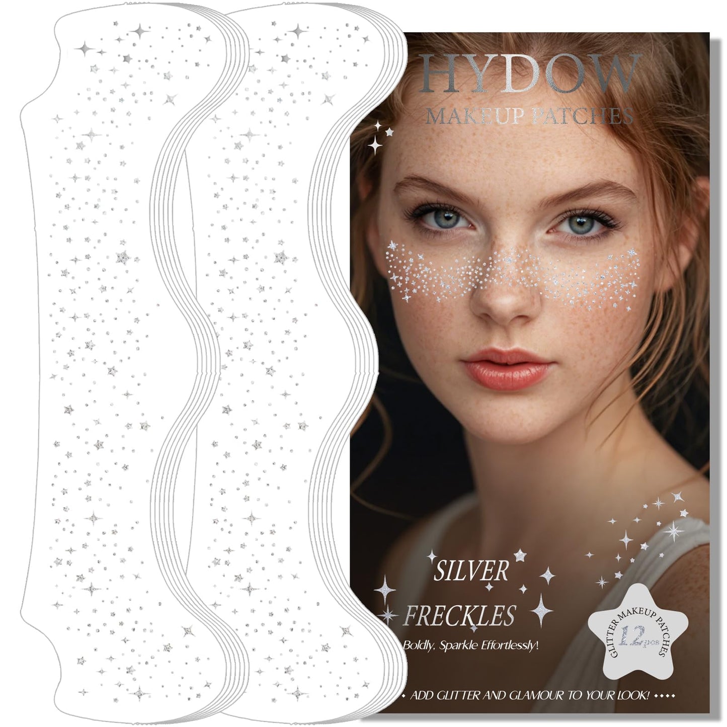 Glitter Freckles, Holographic Face and Body Glitter Tattoo Sparkle for Women Gold Glow Cosmetic Star Makeup Accessories for Festival Rave (12pcs