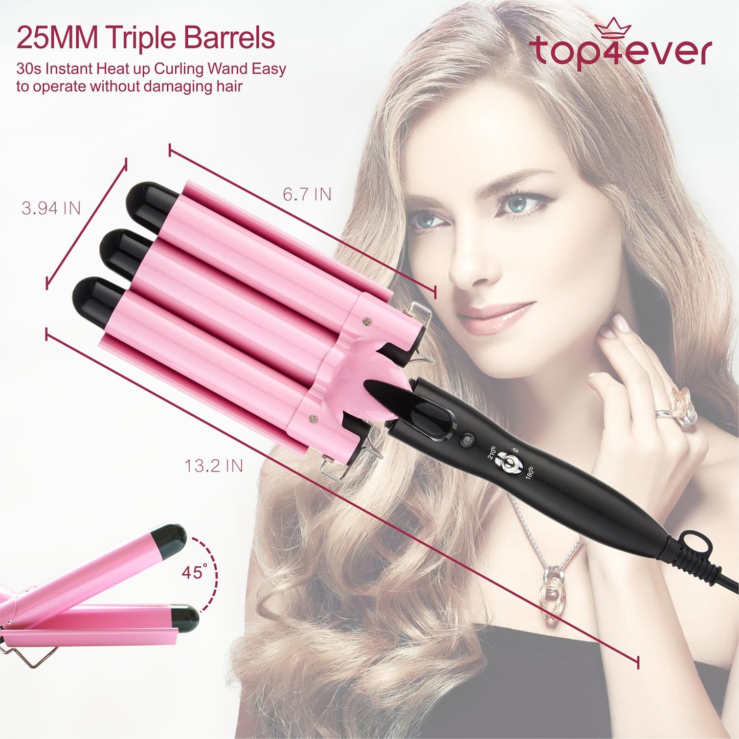 TOP4EVER 3 Barrel Curling Iron, 1 inch Crimper Hair Tool,Crimping Waver for Women Beach Waves with Two Temperature Settings, Pink Beauty and Personal Care TOP4EVER