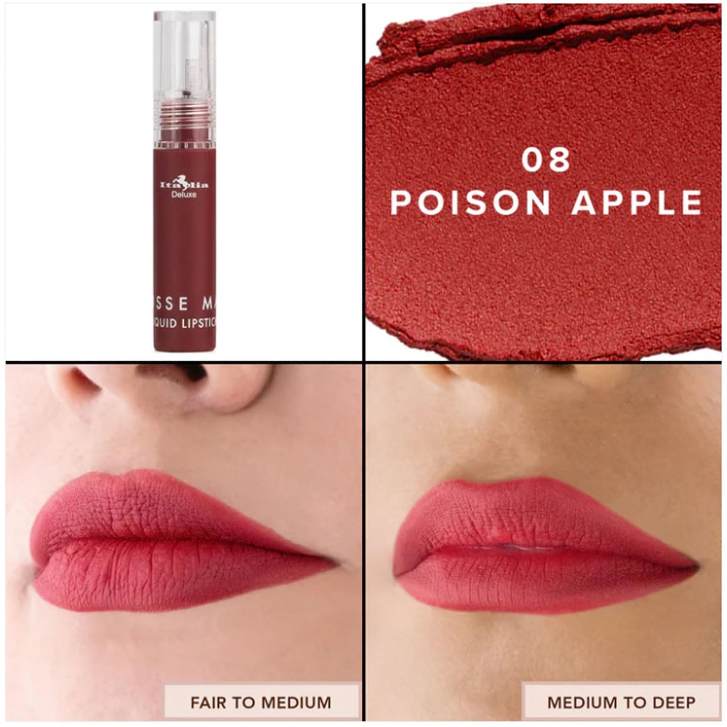 Italia Deluxe Pick 1 Mousse Matte Liquid Lipstick Comfortable Velvet Finish & Zipper Bag (190-08 : POISON APPLE, Full Size)