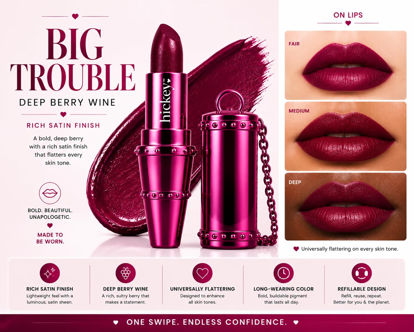 Hickey Refillable Pendant Lipstick, Big Trouble[Berry Wine] - Wearable Satin Lip Color on a Chain, Refillable Clean Beauty, Full Lipstick Included
