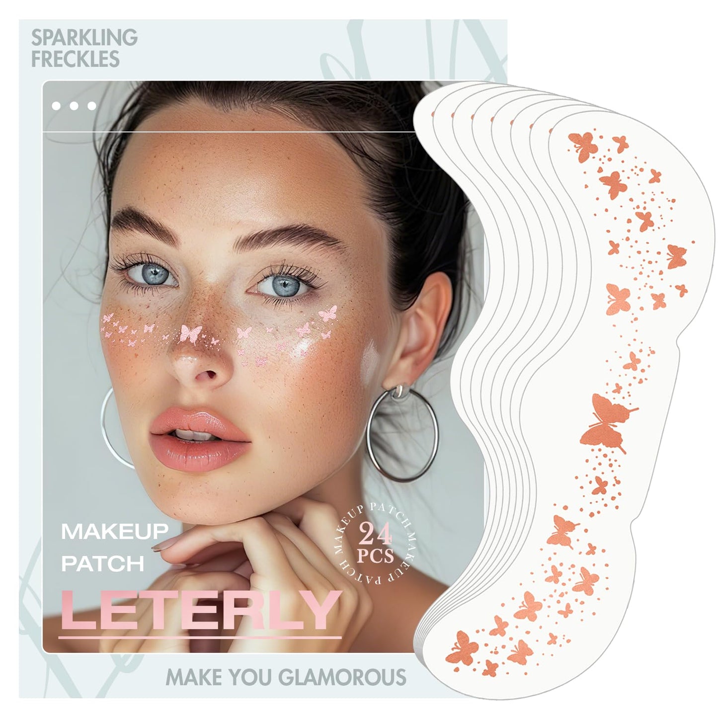 Leterly 24 Pcs Glitter Freckles Face Tattoo,Rose Gold Face Glitter Makeup Patches Cute Sparkle Freckles Patches Waterproof Makeup Speckles for Face