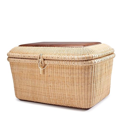 Teng Tian Nantucket baskets, Rectangular Handwoven rattan Storage Basket Set with Lid for Shelves and Home Boxes for Organizer (L)