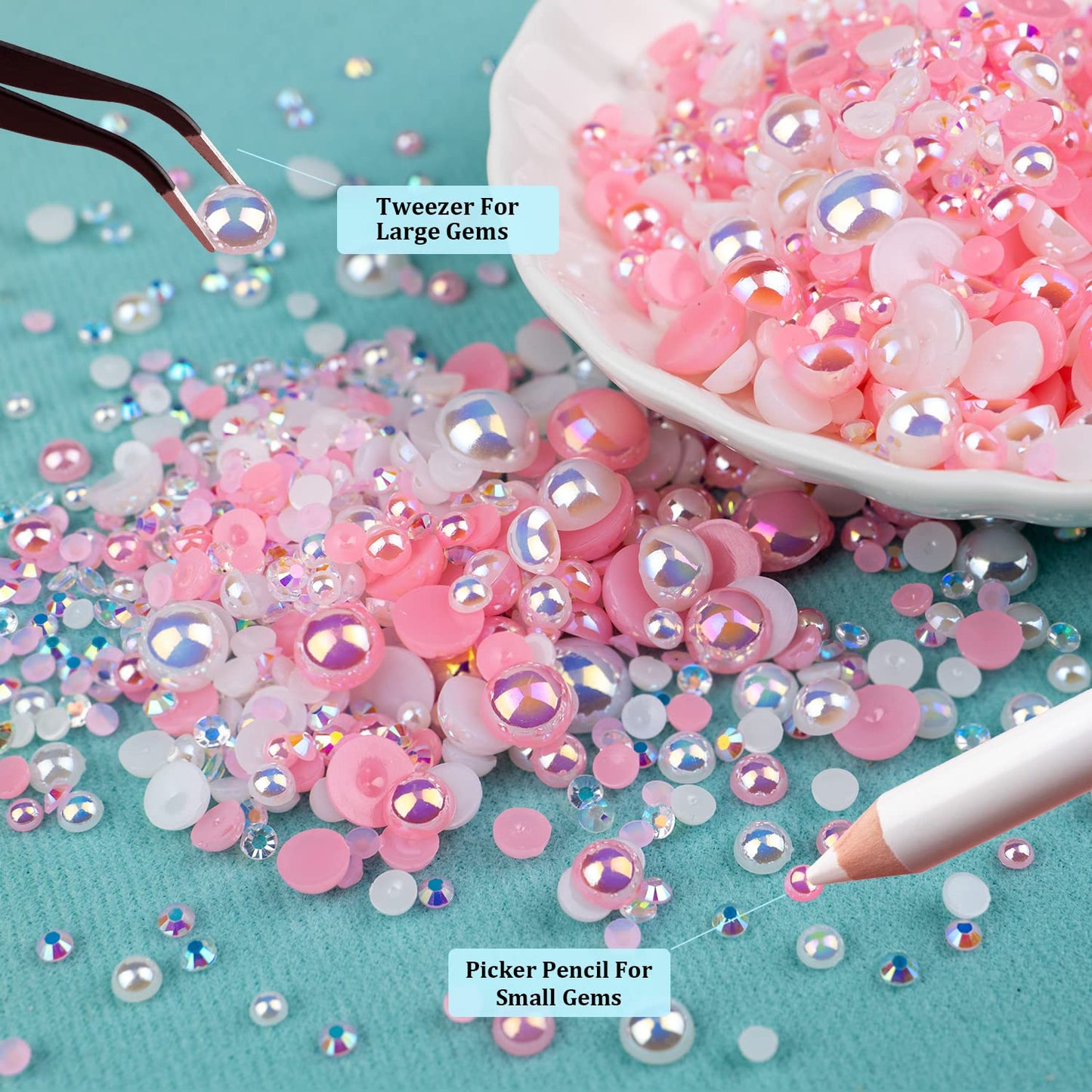 BELLEBOOST 50g Flatback Pearls and Rhinestones Set 1-Pink&White, Mixed Size 3-10mm Resin Rhinestones and Half Pearls for Nail Art and Crafts