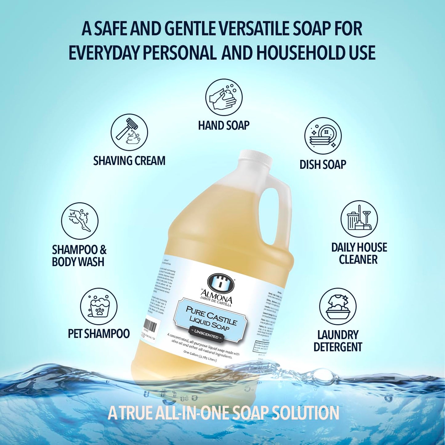 La Almona - Pure Castile Liquid Soap, UNSCENTED, 1 Gallon - Multipurpose: Hands, Face, Body, Laundry, Dishes & More - For Sensitive Skin, All-Natural