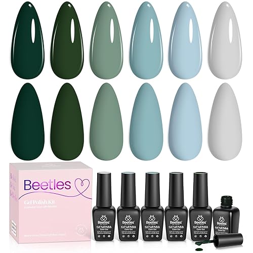 Beetles Green Gel Nail Polish Set, 6 Colors Dark Green Gray Blue Baby Blue Color Gel Nail Polish Misty Soak Off DIY Home Uv Nails Gifts for Women