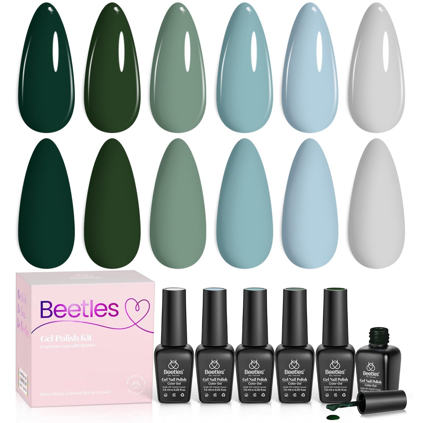 Beetles Green Gel Nail Polish Set, 6 Colors Dark Green Gray Blue Baby Blue Color Gel Nail Polish Misty Soak Off DIY Home Uv Nails Gifts for Women
