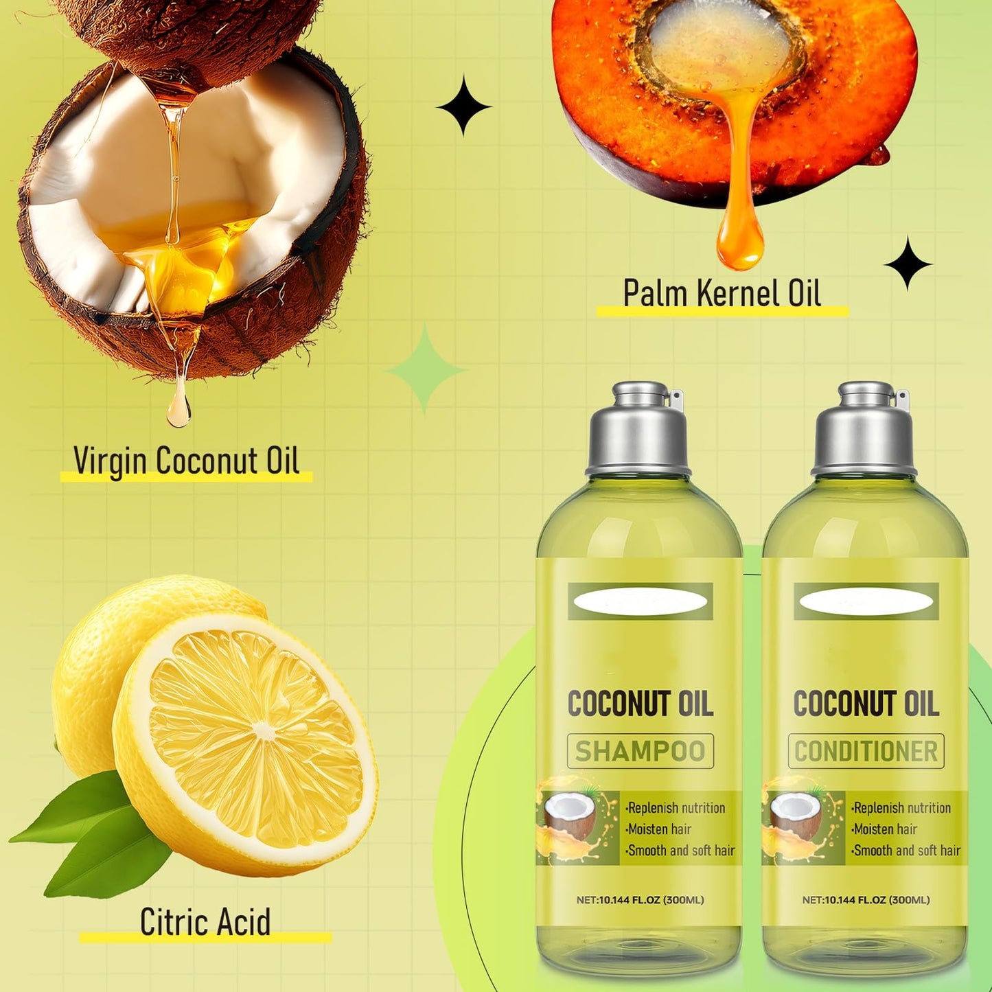 Coconut Oil Shampoo and Conditioner Set, Coconut Nourishing Hair Care Set for All Hair Types, Hydrating & Frizz Control Treatment, Helps Restore