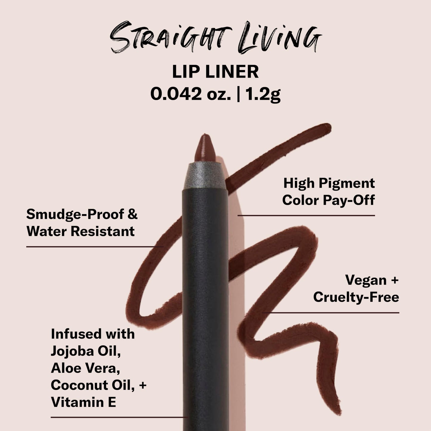 The Lip Bar - Lip Liner, Straight Living (Deep Brown) - High Pigment & Super Creamy - Smudge Proof & Water Resistant - Jojoba Oil, Aloe Vera, Coconut