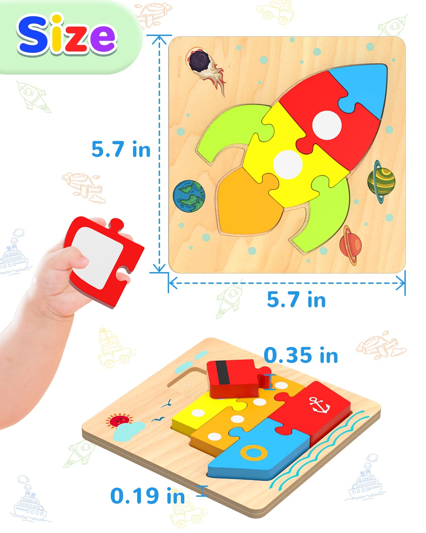 Yetonamr Wooden Toddler Puzzles – 6 Vehicle Shape Montessori Educational Toys for Boys & Girls Ages 1–4, Learning & Birthday Gift