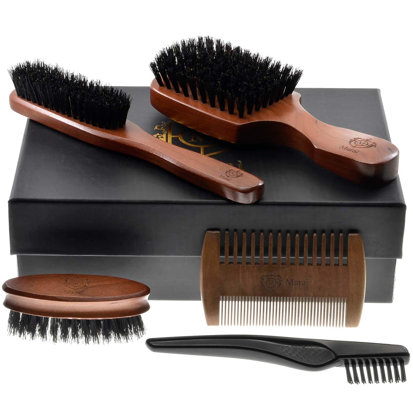 Murai Beard Kit for Men Gift Set Mens Beard Grooming Kit - Military Paddle Hair Brush, Large Handle Beard Brush, Pocket Sized Oval Beard Brush, Wood